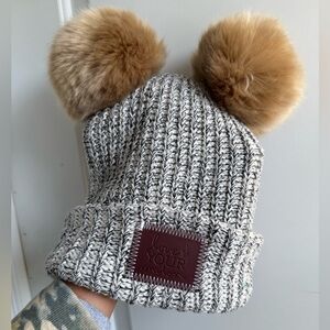 Love Your Melon Gray/Brown Knit Teddy Bear Ear Beanie with Tan Pom-Poms